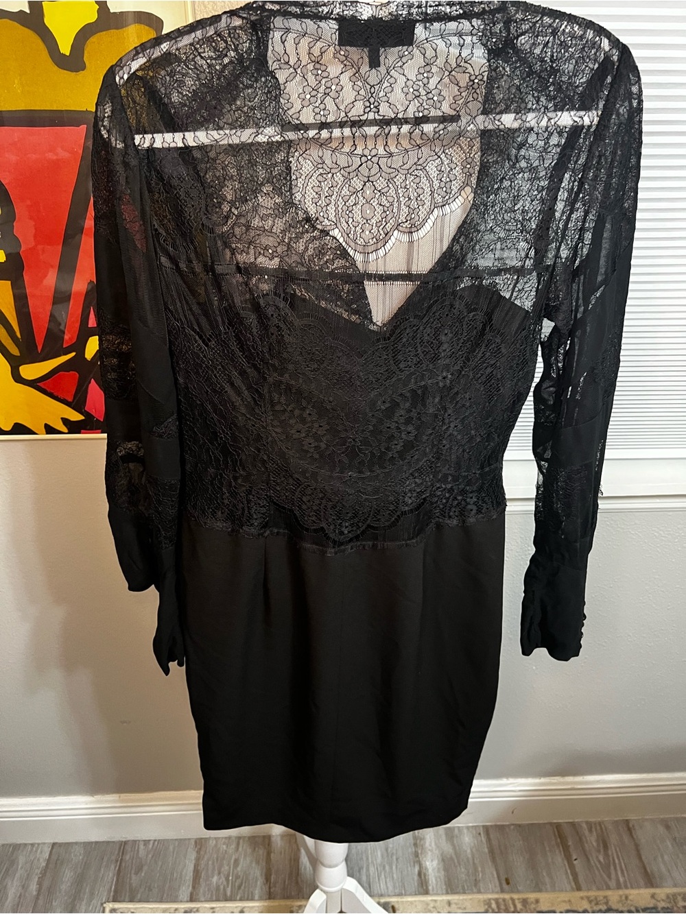 Bastyan Mid-length dress Black Lace Sweat Heart Long Sleeve 8 Medium - Picture 4 of 13